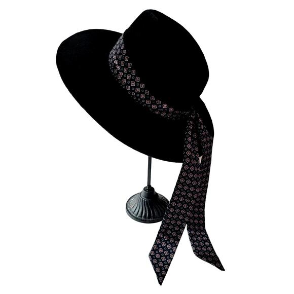 Zara Black Felt Hat with Printed Scarf Size Medium Boho Bohemian - Picture 2 of 10